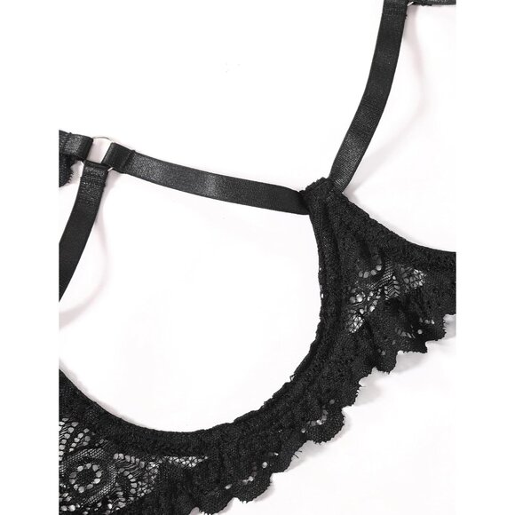 Sensual Underwire Floral Lace Lingerie Set with Garter S-XXL - Nighttime Delight - Picture 3 of 6